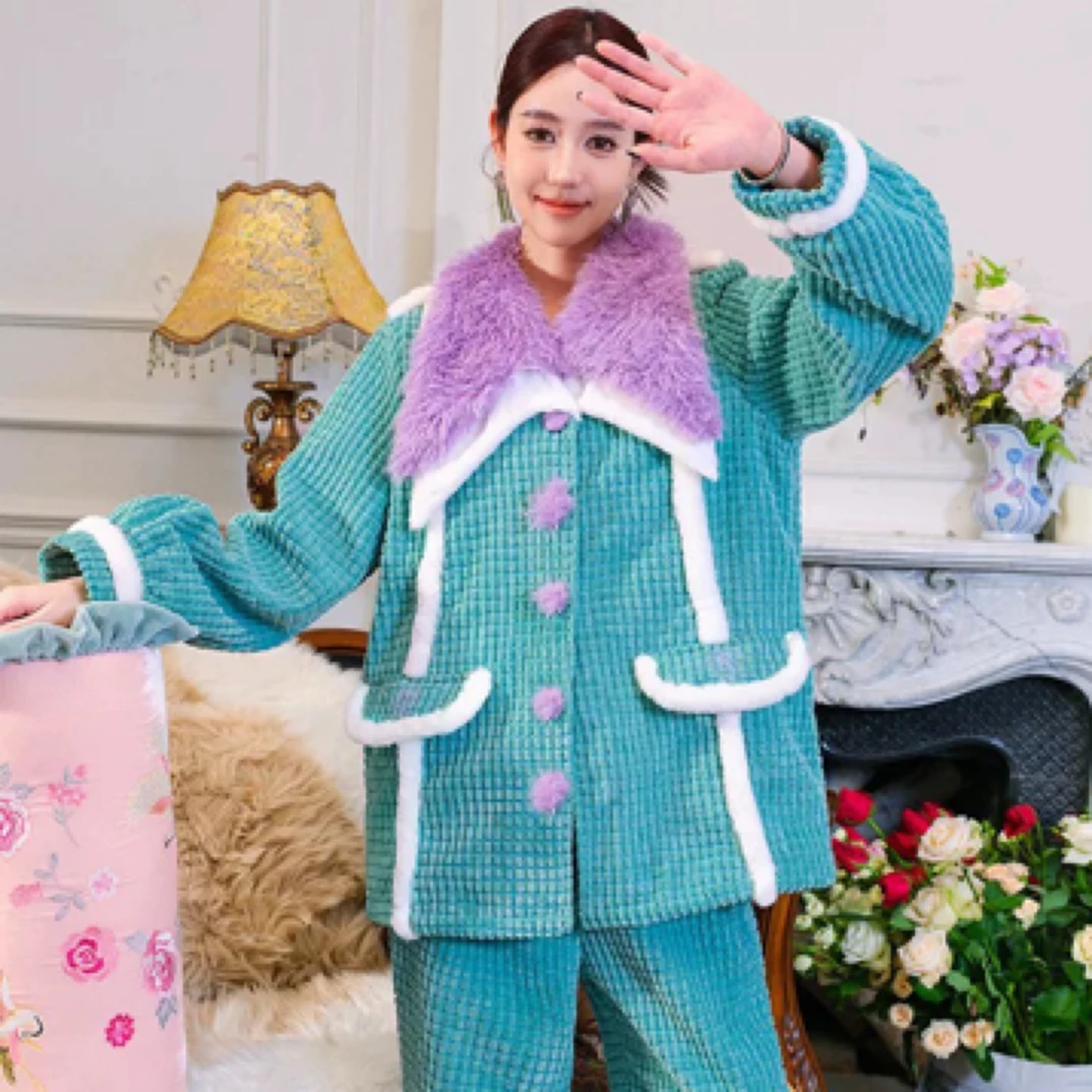 原创撞色加绒法兰绒睡衣秋季女款春秋仿狐狸毛可外穿家居服套装新