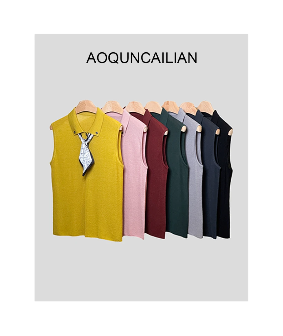 AoQunCaiLian夏季时尚气质设计师款丝巾小方领无袖-GG6019