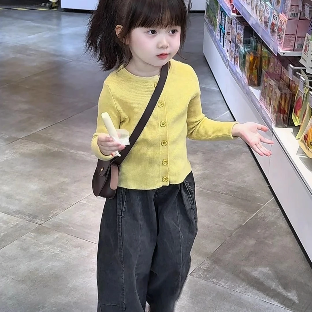 韩系童装2025秋季新品新款女童黄色开衫高级黑灰牛仔裤套装潮
