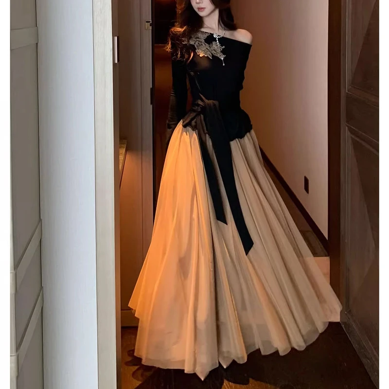 优雅长袖斜肩收腰轻奢毛绒女上衣针织衫网纱垂感半身裙秋2025秋季