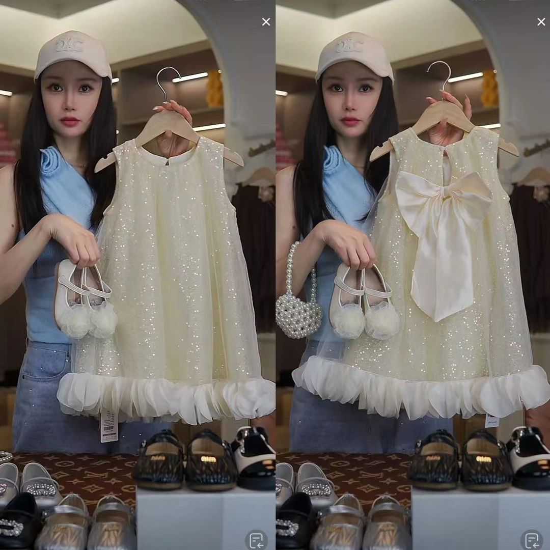 AYJ250093女童夏季新款洋气亮片大蝴蝶结公主纱裙大童连衣裙