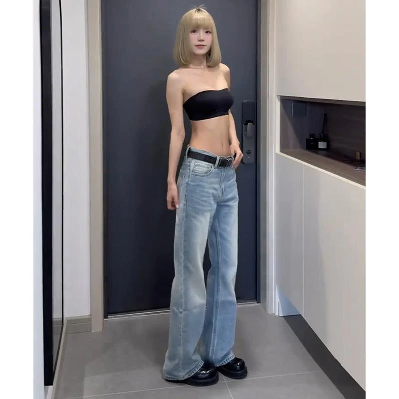 猫须竹节纹牛仔裤男女款美式复古水洗做旧微喇裤显瘦cleanfit裤子
