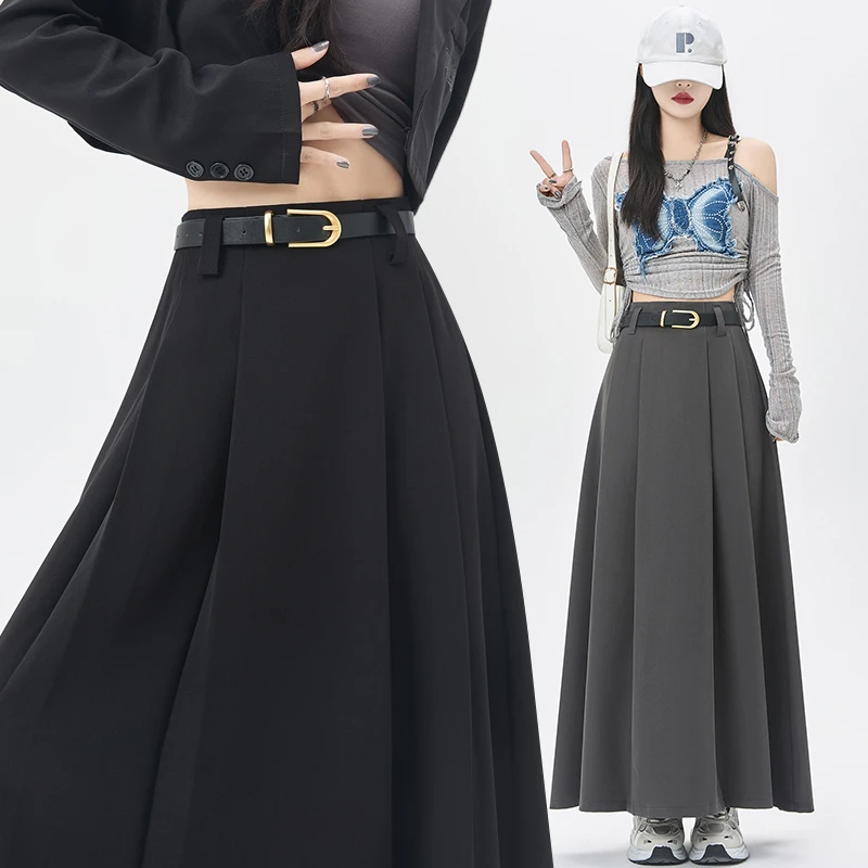 实拍 灰色西装半身裙女2024春夏中长款百褶裙高腰遮胯显瘦a字长裙