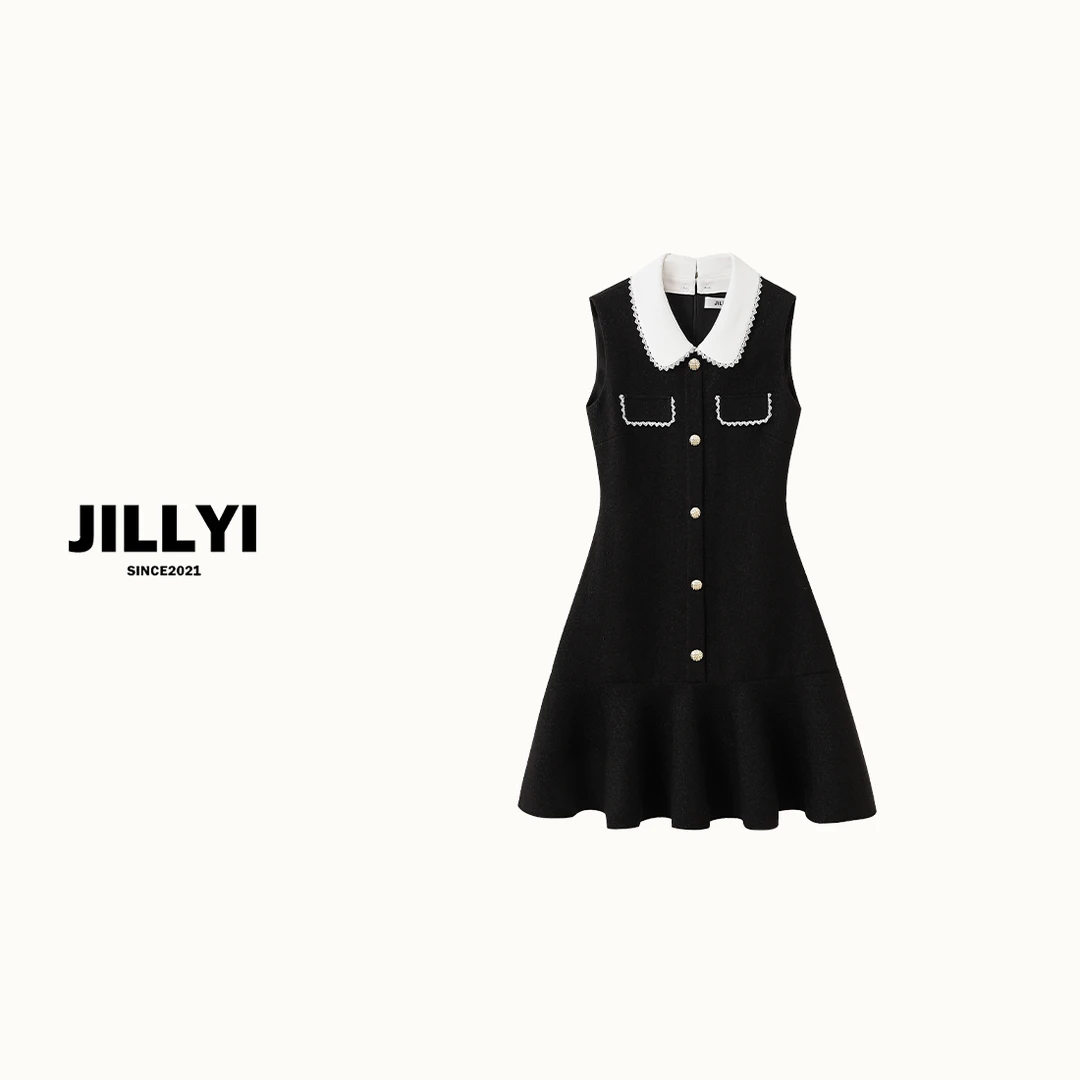 JILLYI南山店【夏日浪漫】黑色POLO领夏季优雅气质无袖时尚连衣裙