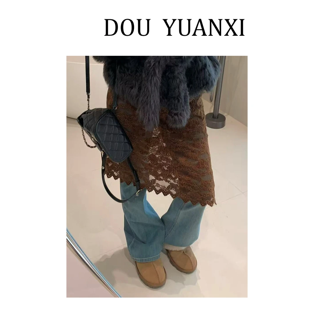 窦元囍【流浪屁帘】重磅进口绒面蕾丝半裙腰封垂感设计真皮镂空屁帘