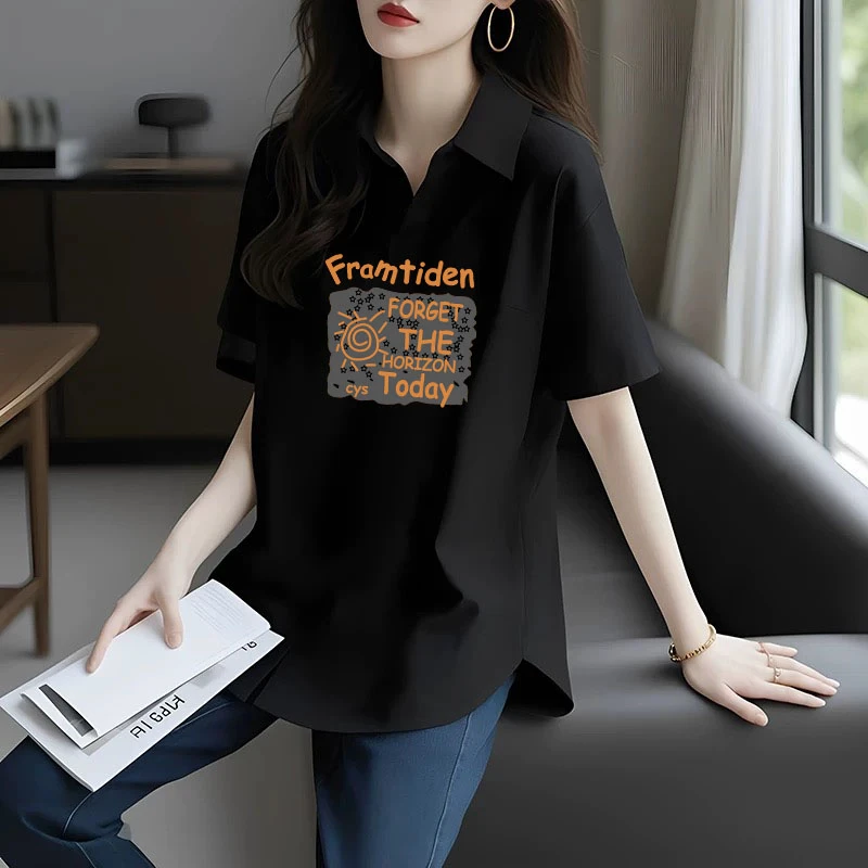 遮屁股上衣新款T恤女短袖欧货宽松显瘦打底衫黑色polo领夏季时尚