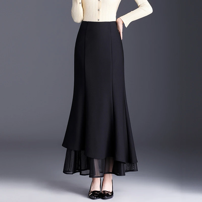 加长款鱼尾裙半身裙女2025秋冬新款显瘦气质高级感网纱边包臀长裙