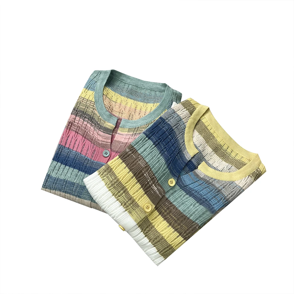 【新品上市】百搭优雅甜美彩虹色针织开衫时尚条纹撞色上衣ZZ1104