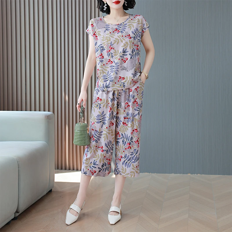 棉绸短袖套装女夏新款时尚洋气宽松居家外穿休闲七分阔腿裤两件套