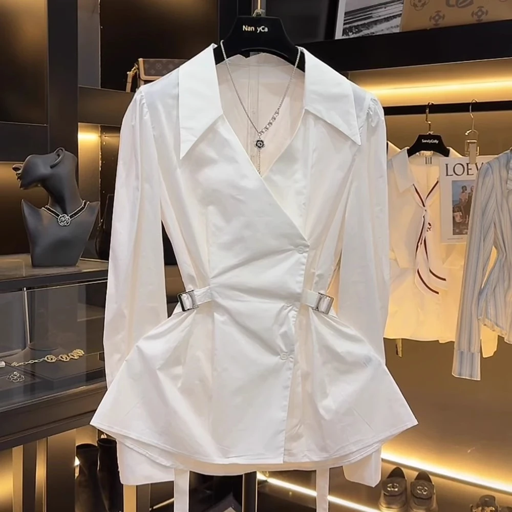 大码女装2025春季新款胖MM时尚百搭休闲气质显瘦系带V领长袖衬衫