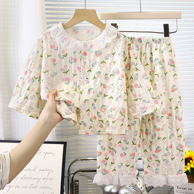 女童睡衣夏儿童九分袖薄款花边家居服女宝宝时光棉韩版空调服套装