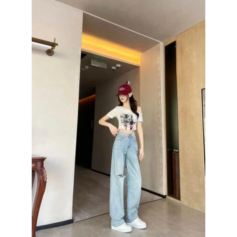 夏款（浅蓝）破洞垂感牛仔女裤夏季高腰薄款直筒阔腿显瘦女裤