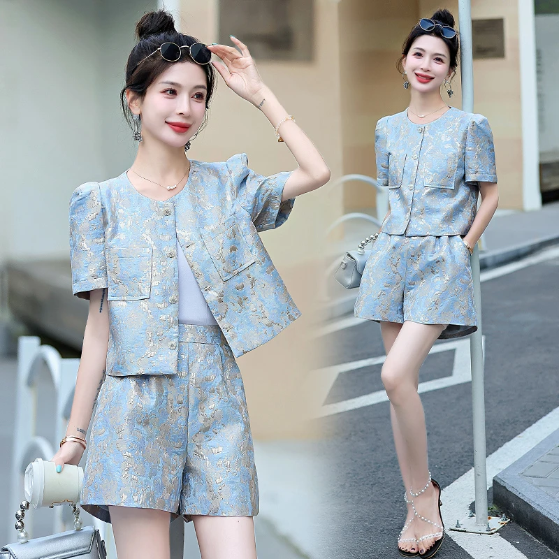 夏季短裤小香风气质女2024年新款复古提花泡泡袖单排扣上衣两件套