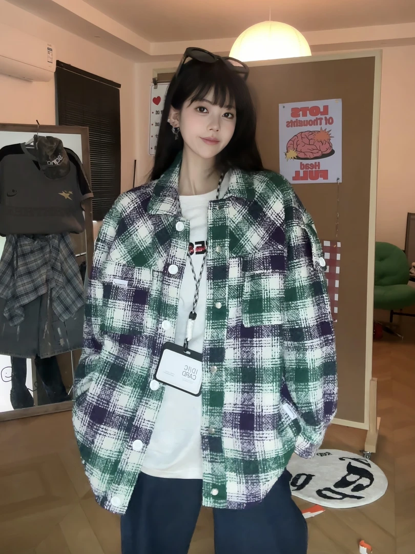 【运费险】美式复古格子长袖衬衫男女宽松休闲情侣工装外套