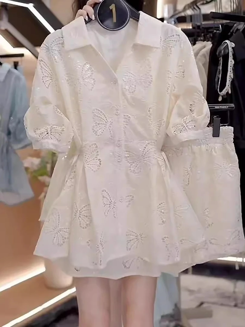 2025夏季新款高级感气质收腰显瘦套装法式蝴蝶亮片短袖衬衫短裤