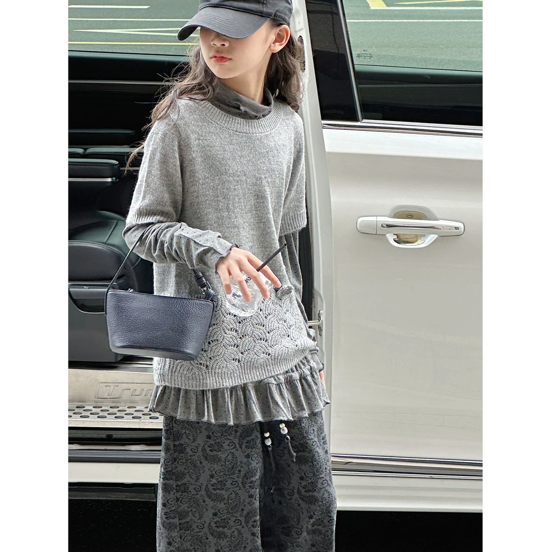 K29873孙小美镂空花纹女童毛衣小衫2025秋新款儿童针织衫春秋上衣