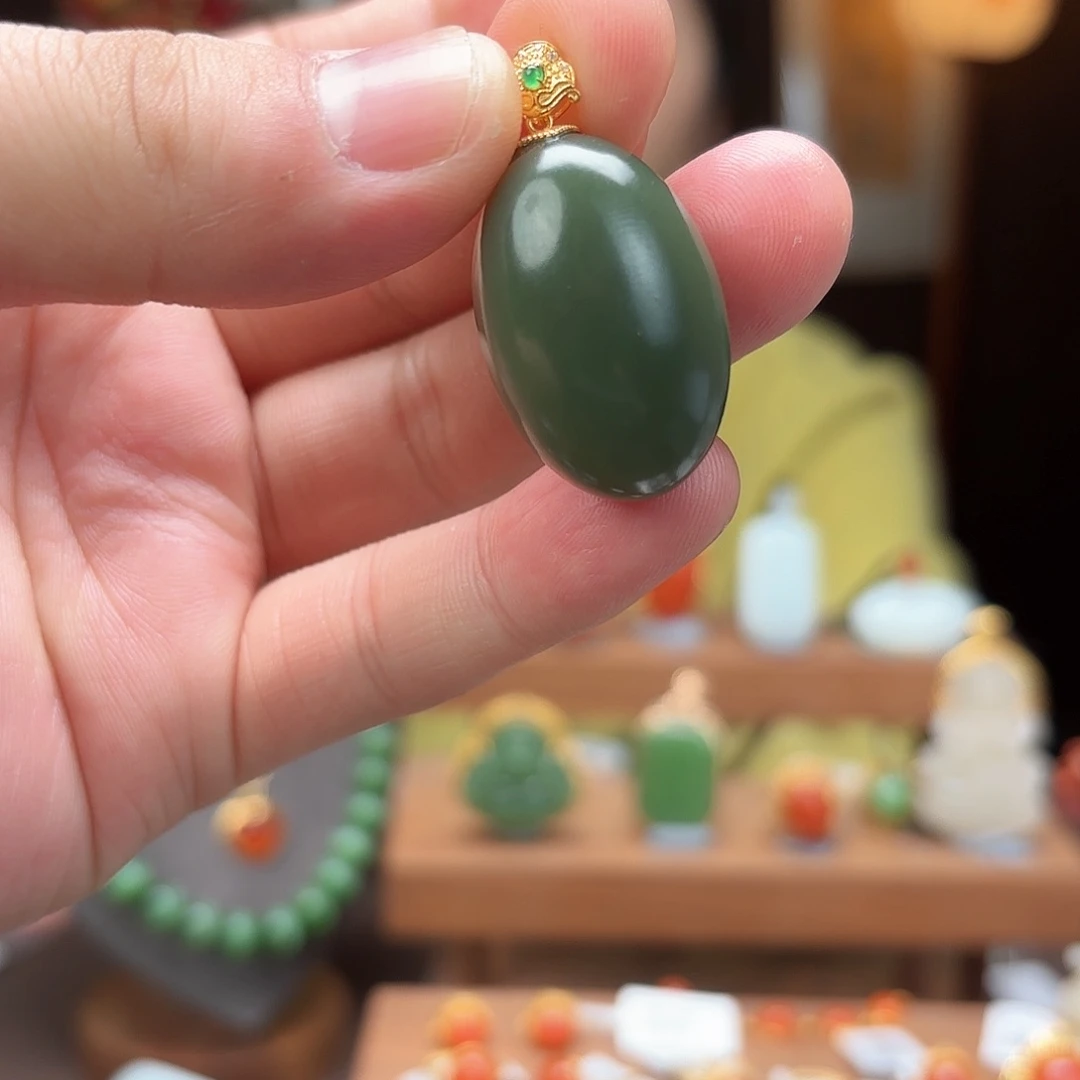 和田玉蛋面吊坠18K金镶嵌1291-f281沙枣青蛋面
