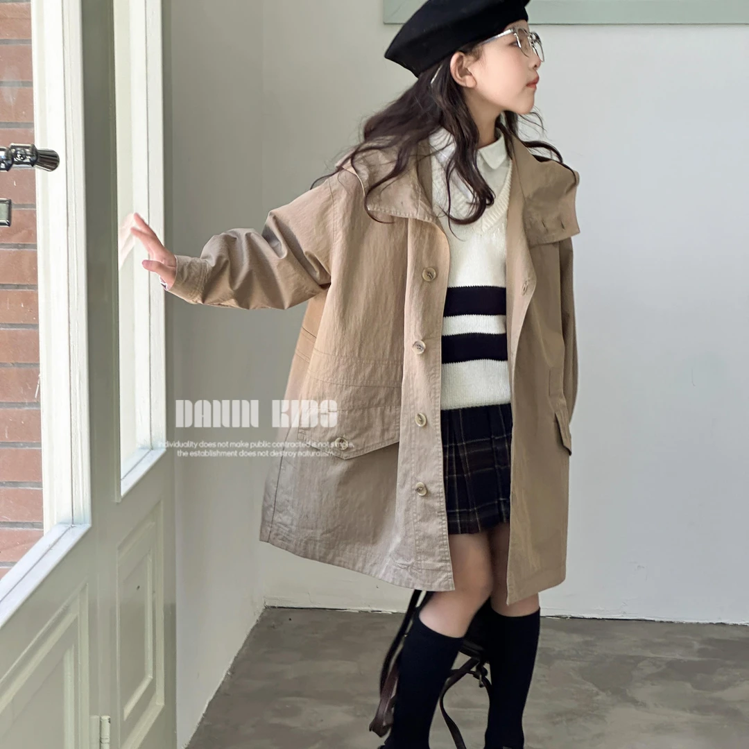 【嗒囜】品质童装时髦男女童春秋季洋气连帽风衣中大童时尚外套长款