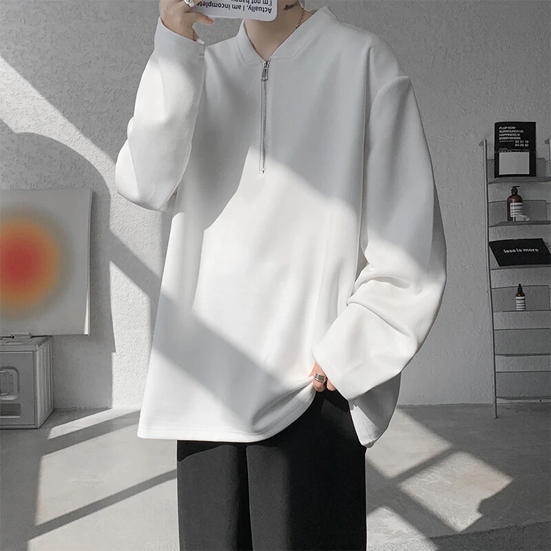 半拉链白色长袖t恤男春季潮牌简约内搭衣服宽松青少年重磅打底衫