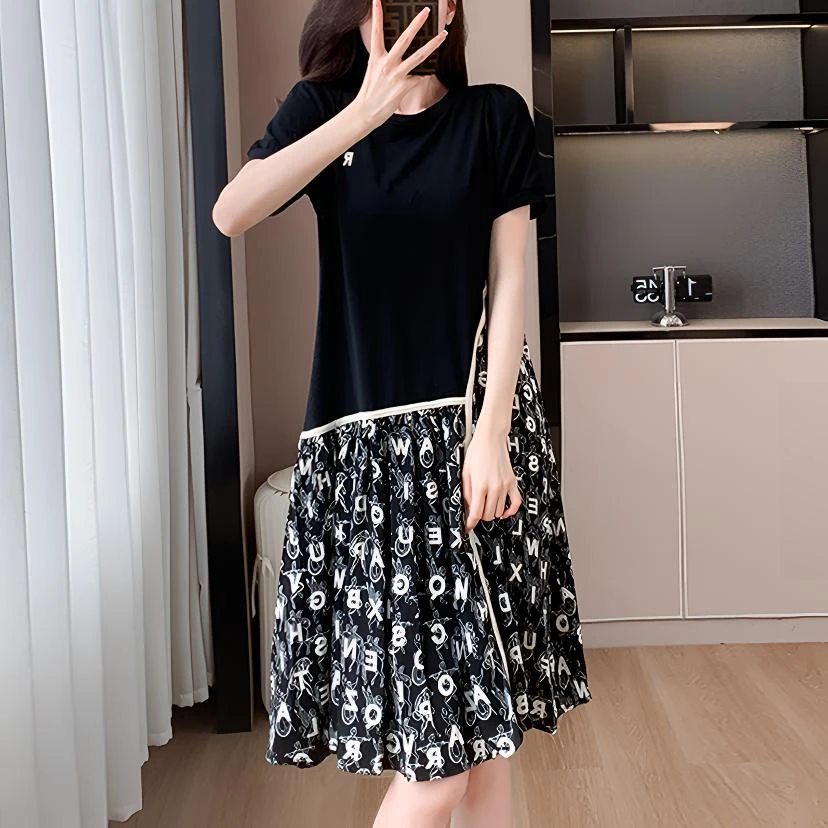 雪纺拼接T恤连衣裙2025夏季女宽松圆领百搭气质减龄显瘦长款a字裙