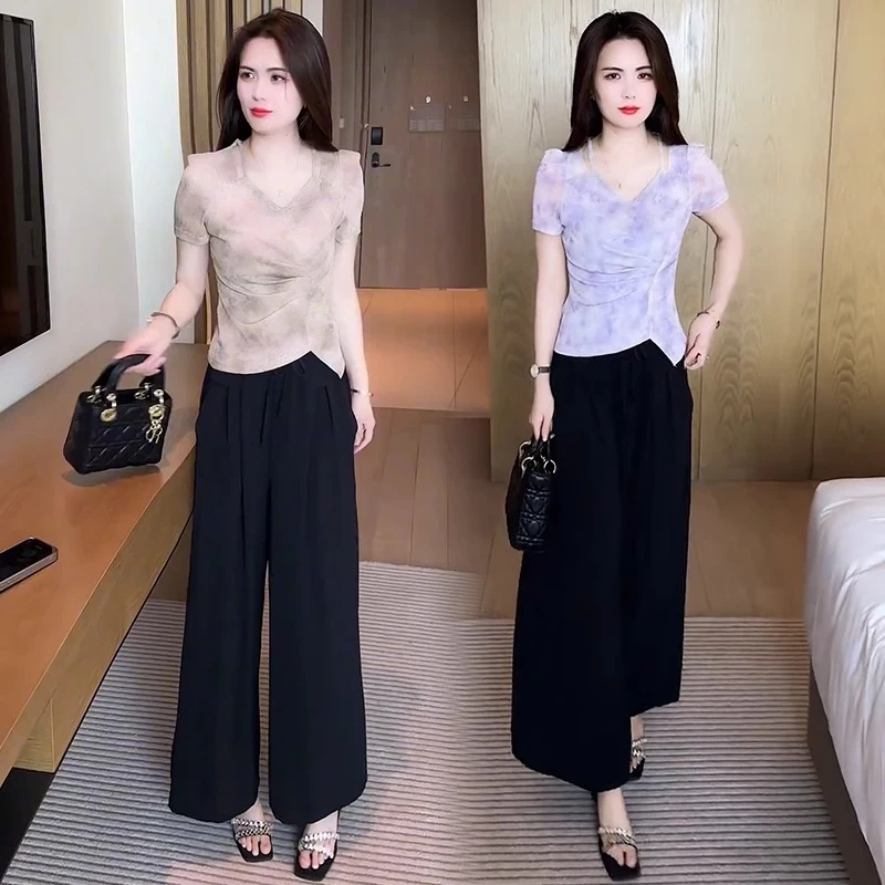时尚套装女2025夏季新款洋气质显瘦雪纺短袖T恤阔腿裤休闲两件套