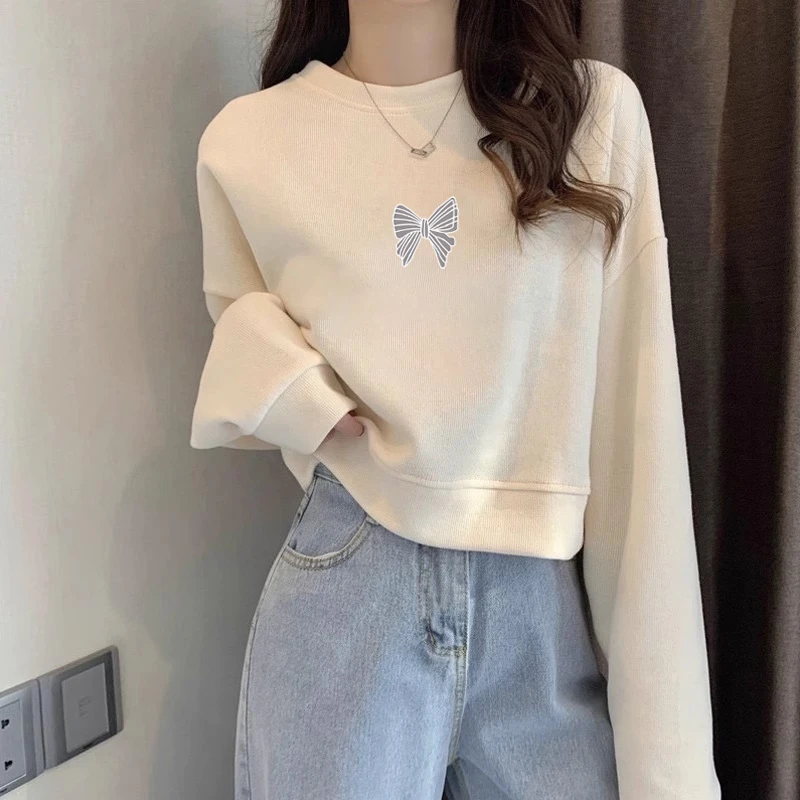 2025秋冬新款季圆领高腰短款小个子卫衣女薄款爆款宽松加绒上衣服