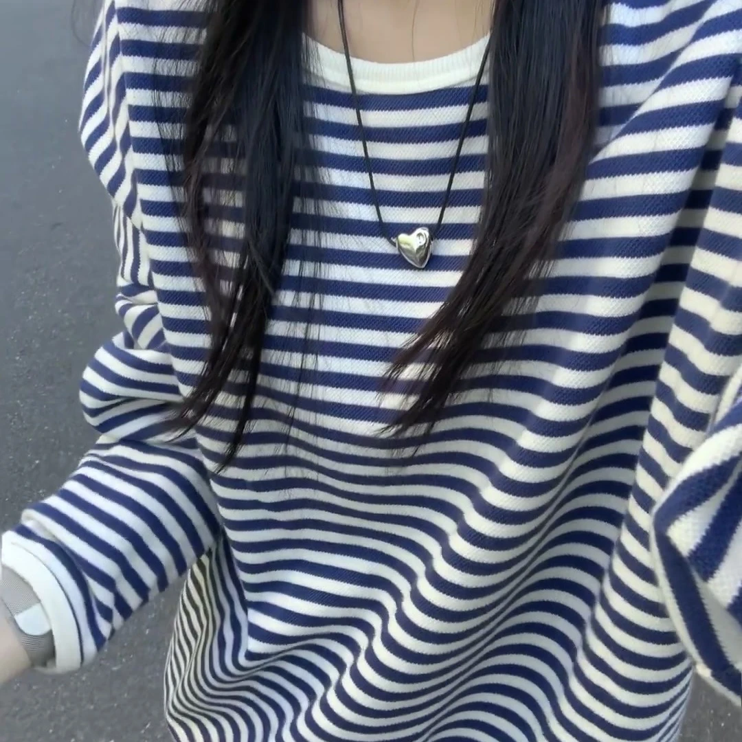 简约高级感蓝白条纹卫衣女2025秋季新款小众设计感撞色长袖上衣潮