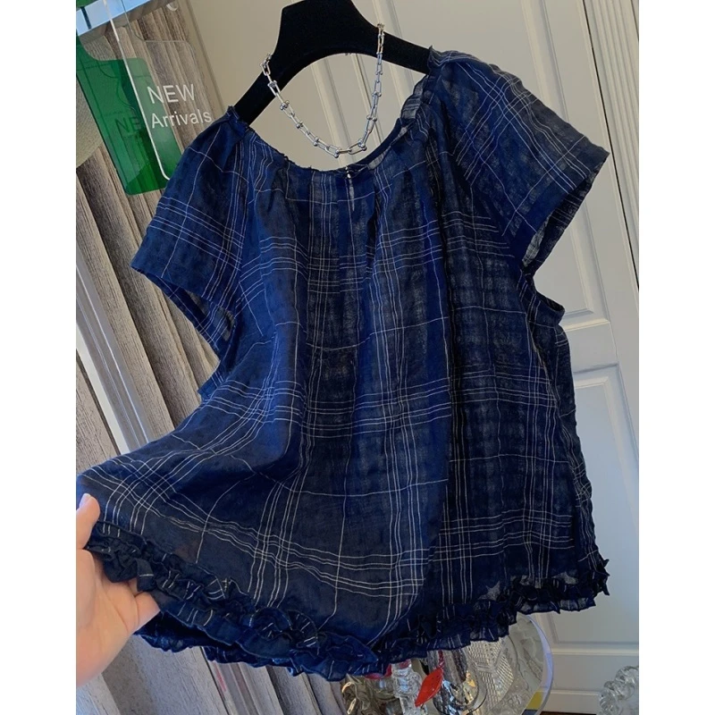 2025女夏新款法式独特超好看宽松显瘦花边格子娃娃衫衬衫短袖上衣