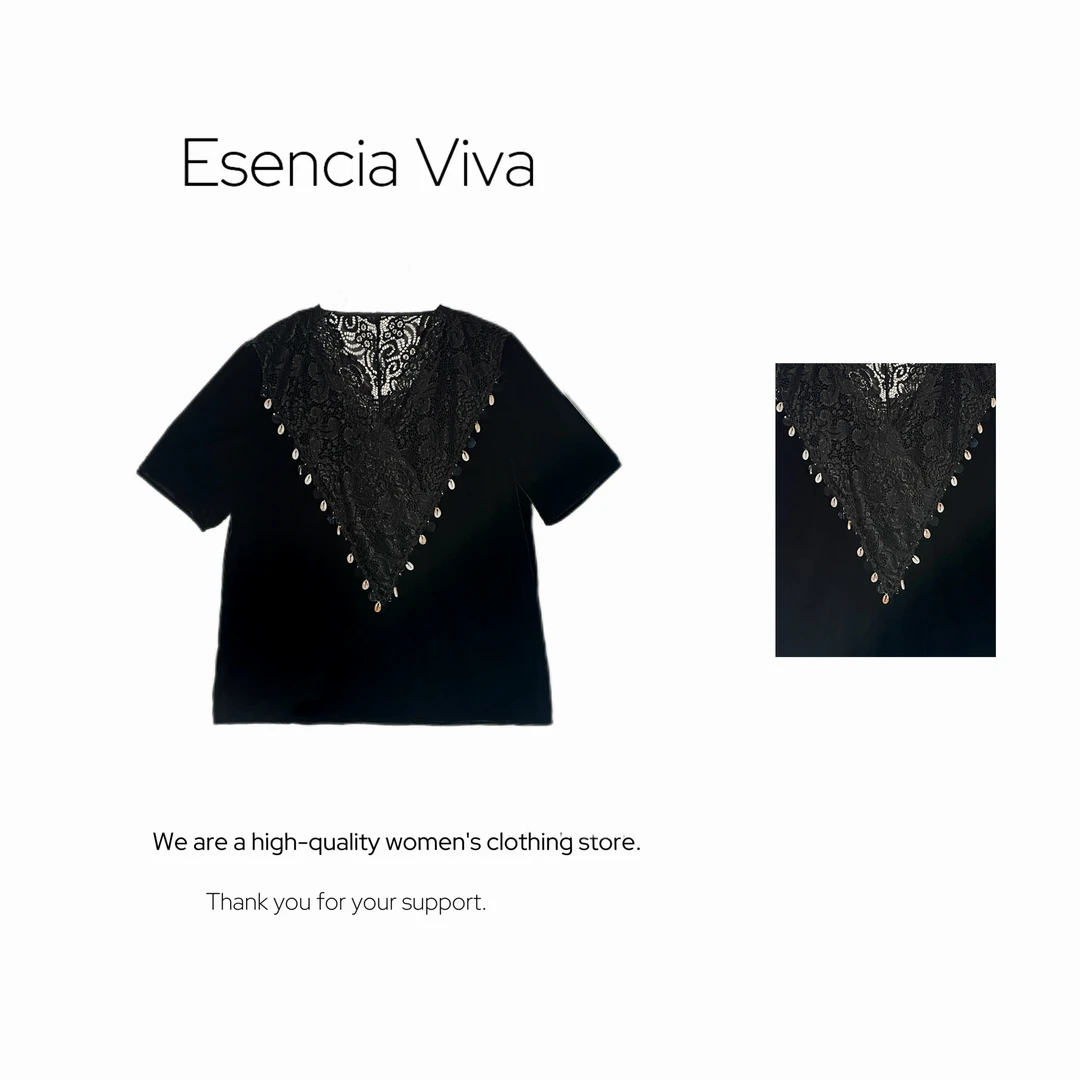 EV.【原创设计】气质小众设计师款时尚蕾丝短袖上衣EVSY0609