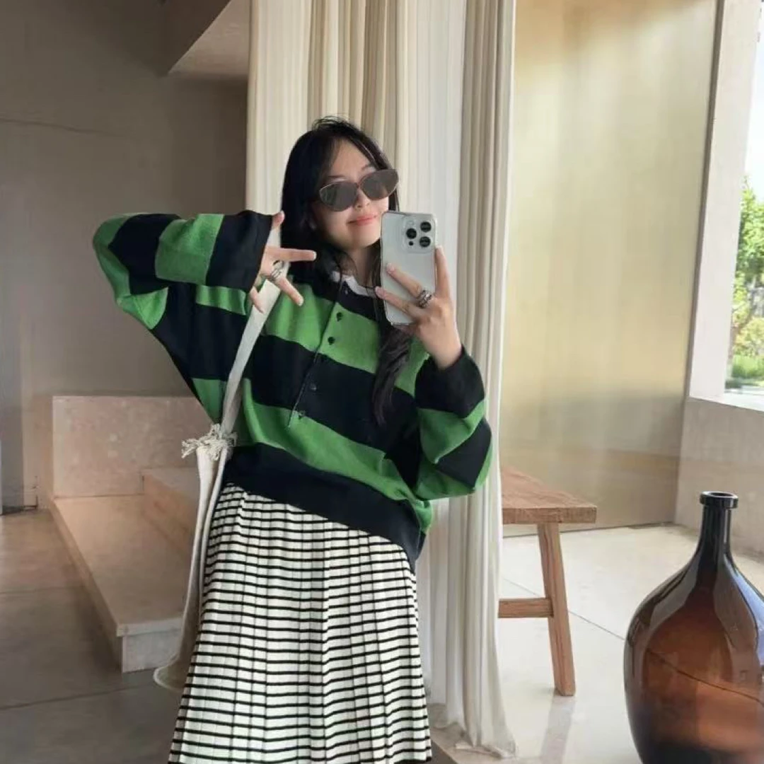 韩系POLO领条纹羊毛针织衫女2025秋季新款宽松显瘦百搭毛衣4267