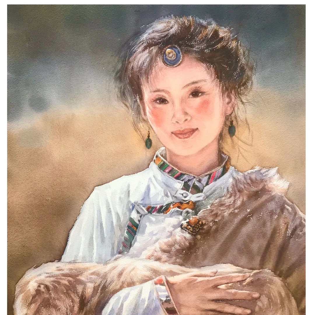 创意手绘水彩现代装饰性画作潘建中《藏女风情》46X61cm