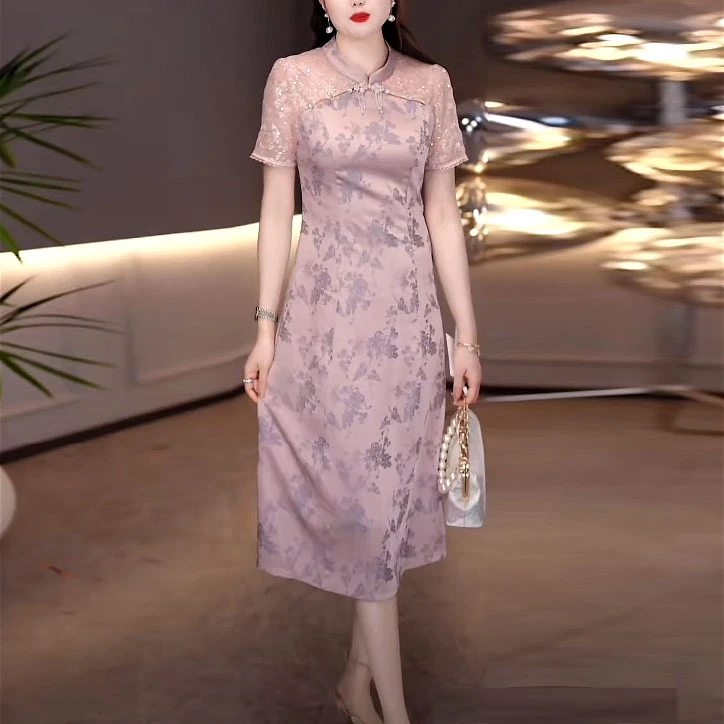 提花缎国风新中式改良旗袍裙子2025夏季新款修身婚宴喜婆婆连衣裙