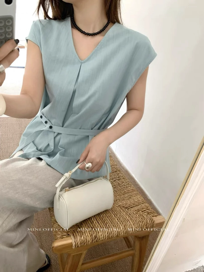 设计感腰带V领坎肩袖衬衣百搭气质款