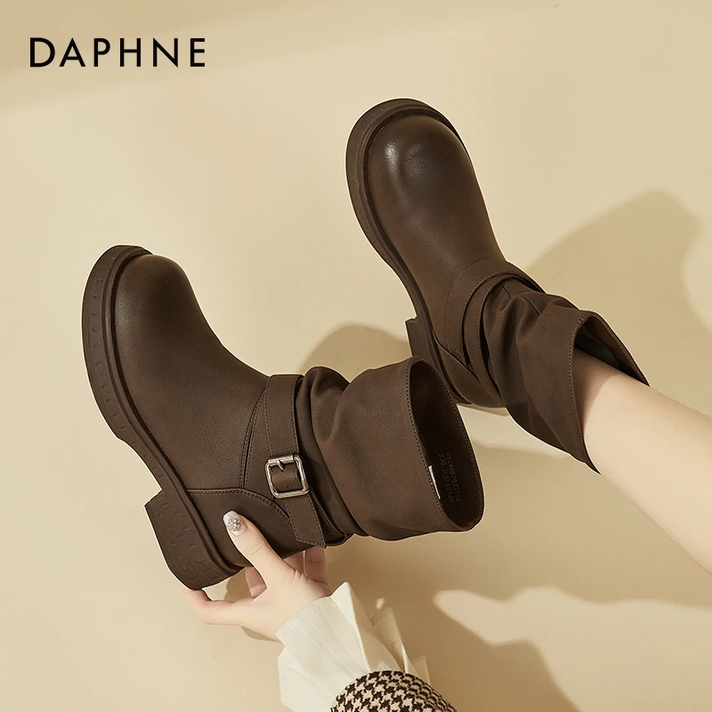 达芙妮美拉德棕色炸街小短靴女秋冬季2025新款厚底加绒百搭堆堆靴