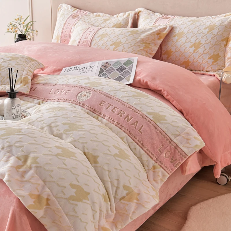 美作师雕花牛奶绒冬季加厚四件套轻奢风珊瑚法莱绒床单保暖床单