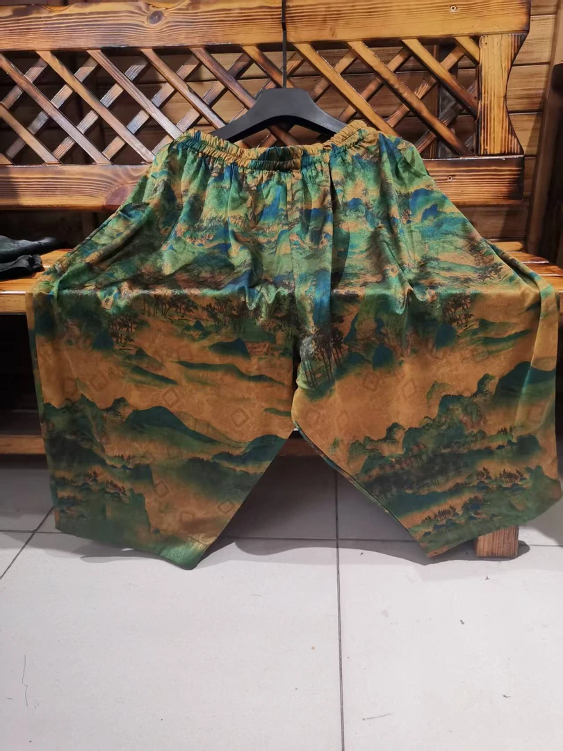 大码女装真丝缎花休闲裤，裤长83。