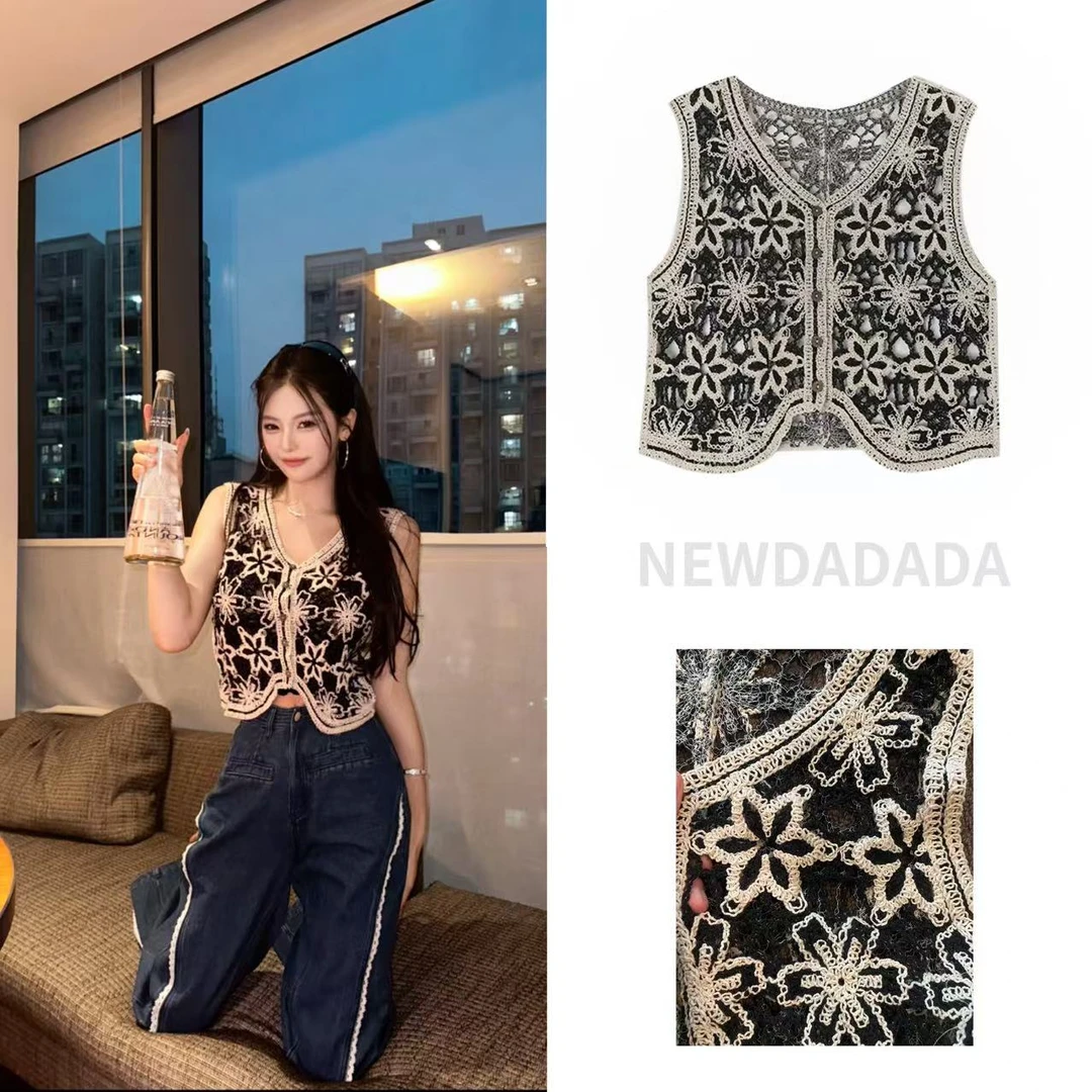 利达NEWDADADA蕾丝钩花镂空V领针织马甲背心女夏叠穿上衣SM349