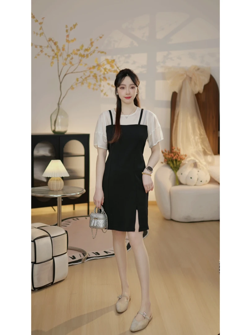 【桃乐丝N】气质假两件侧开叉绑带宽松显瘦收腰夏季a字连衣裙81