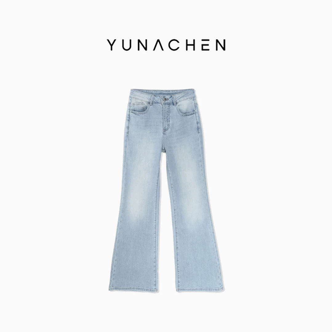 菠萝宝宝yuna【左胺】时尚显瘦大桶喇叭高腰牛仔长裤YE17