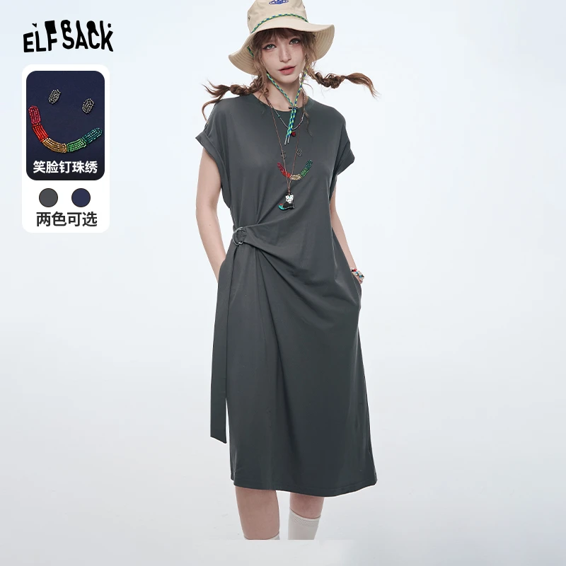 【达人专属】妖精的口袋笑脸不规则收腰t恤连衣裙女春新款设计感