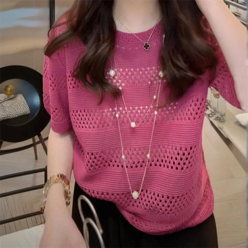 高级感甜美风镂空短袖针织衫女夏季2025新款设计感时尚减龄上衣服