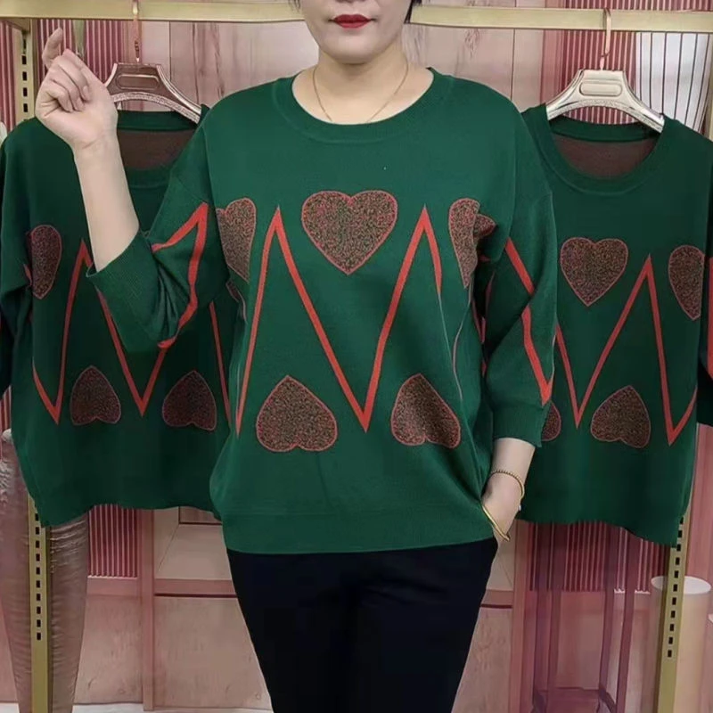 G春秋经典针织衫七分袖桃心中年百搭时尚气质宽松柔软舒适针妈妈