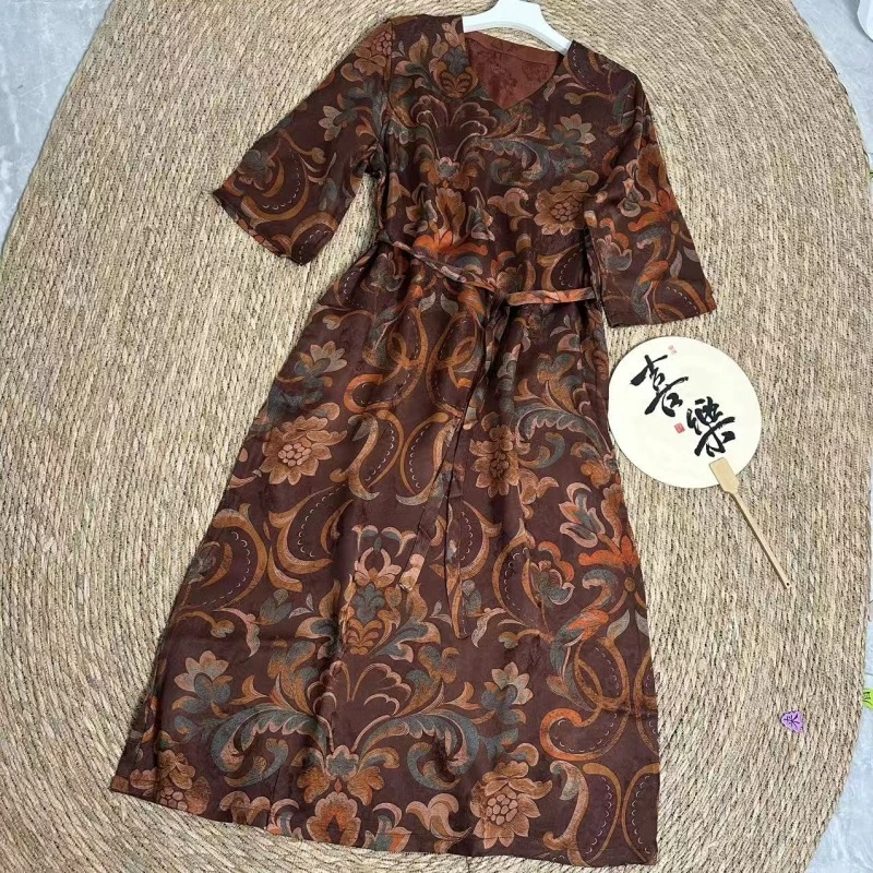 1669新中式休闲国风夏秋季新款提花腰果花连衣裙短袖