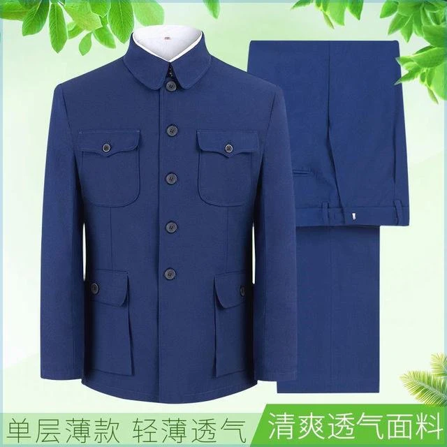夏季单层薄款中山装套装男老人衣服爷爷装老式中山服老年人外套新