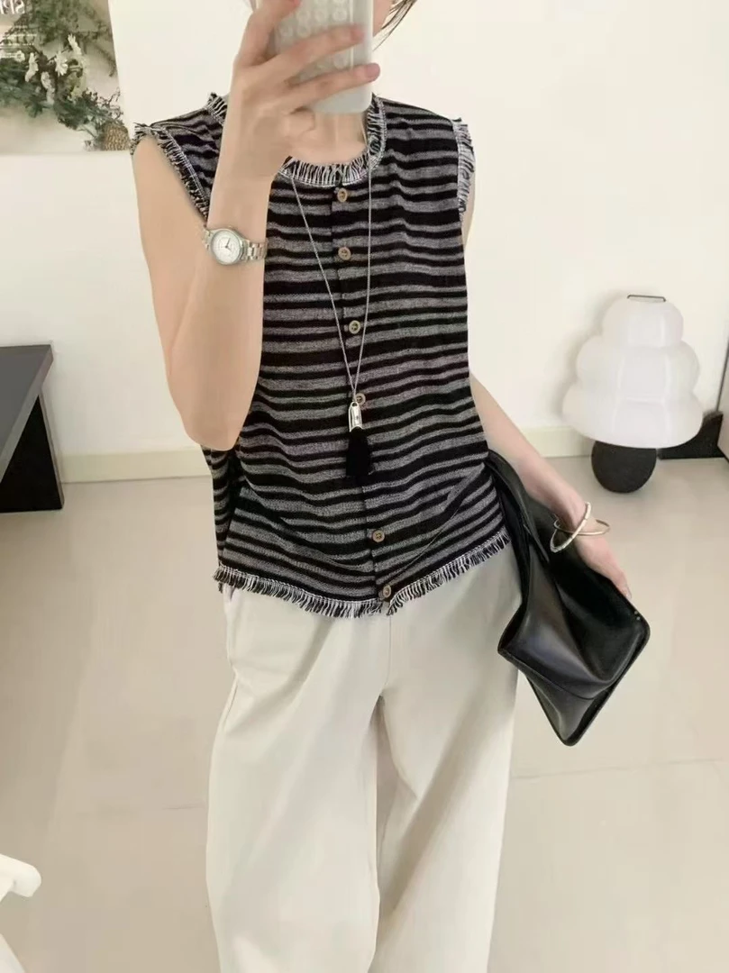 店主自留款撞色条纹百搭流苏设计感洋气百搭显瘦薄款减龄背心开衫