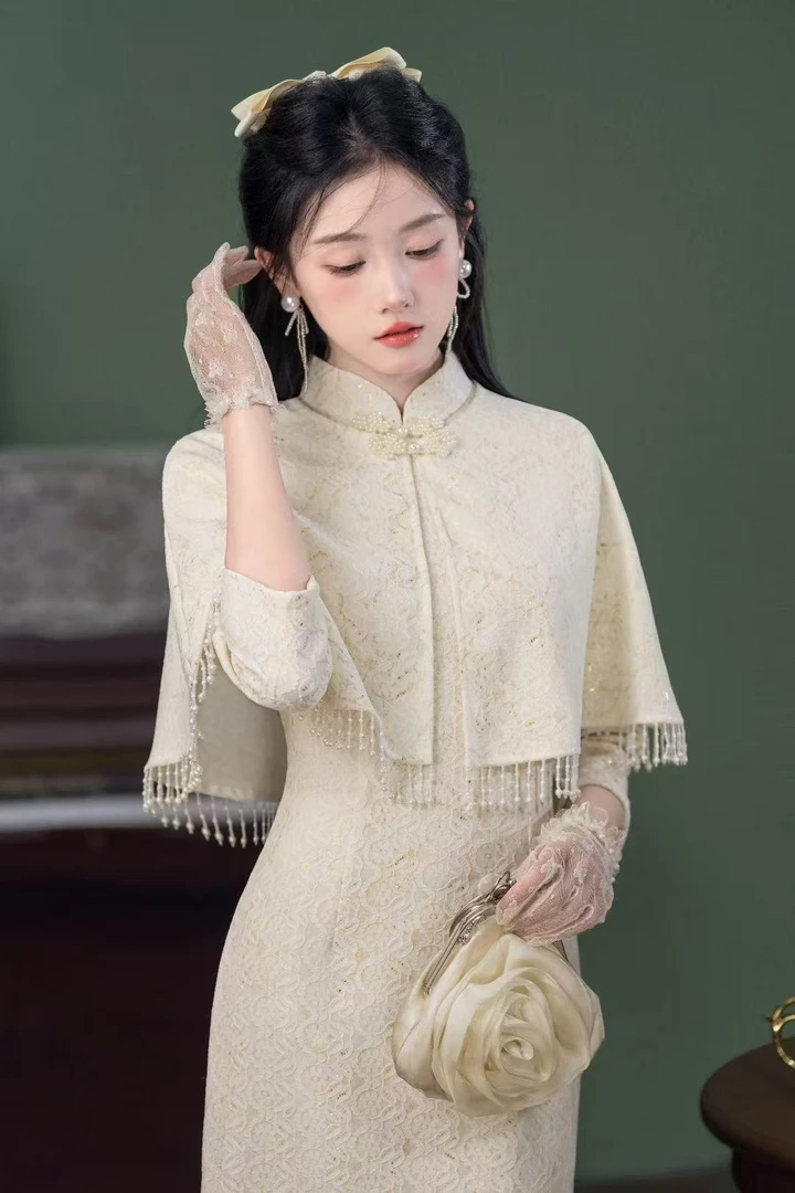 风华《白月光》2025秋季新款流苏可拆披肩白色优雅气质宴会款旗袍