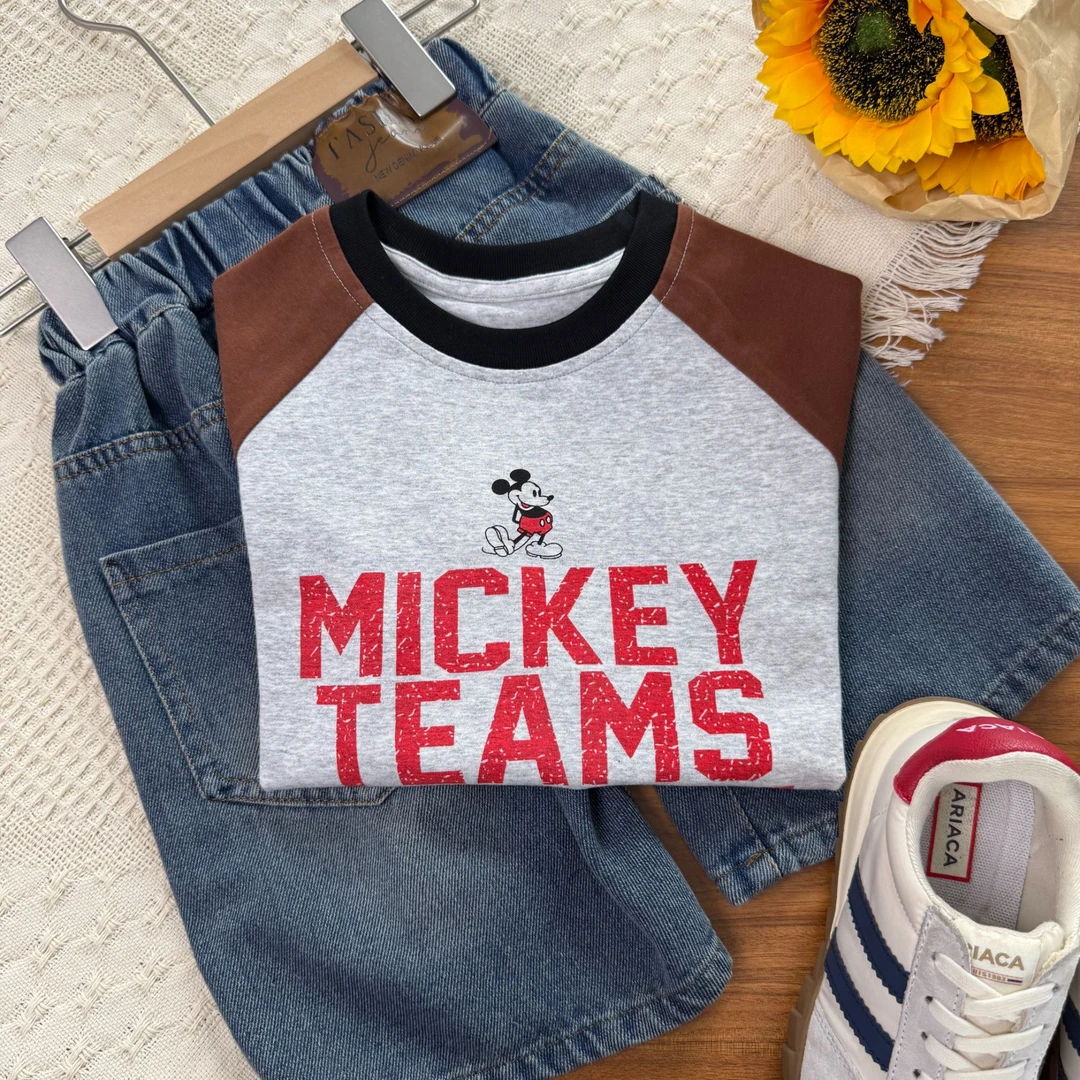 【米奇插肩袖短袖】WD461儿童夏季条纹休闲圆领韩版宽松短袖