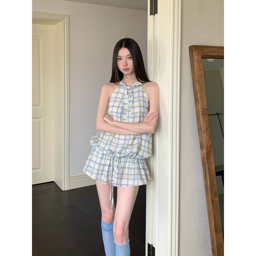 格子挂脖连衣裙女无袖高级感2025新款法式背心裙子夏季纯欲短裙女