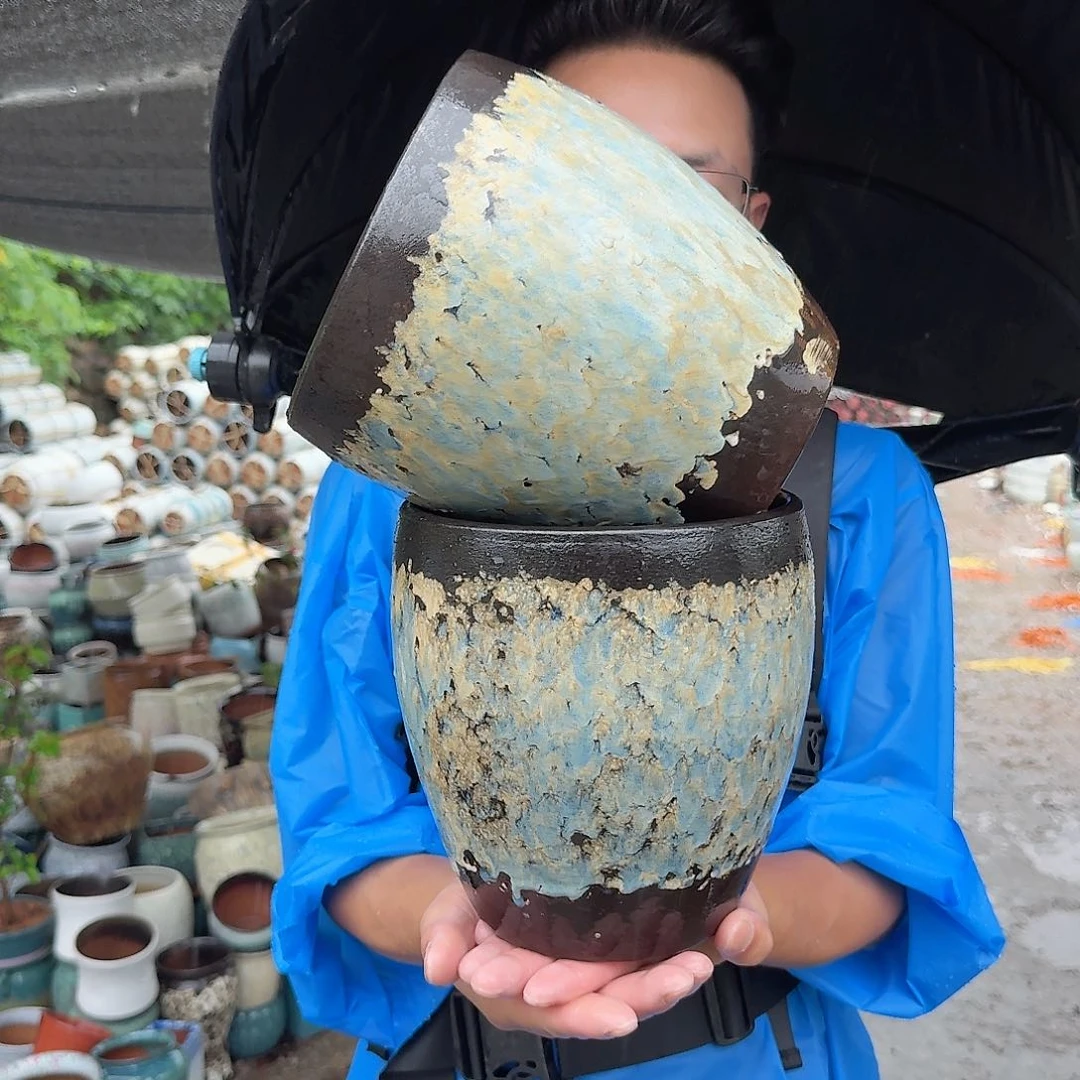 紫砂花盆口19高20（两个蛋壳蓝泼墨