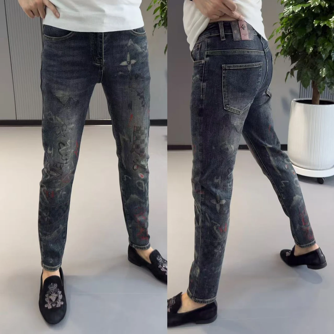 秋季新款牛仔裤男个性涂鸦长裤弹力修身显瘦小脚裤高品质休闲男裤